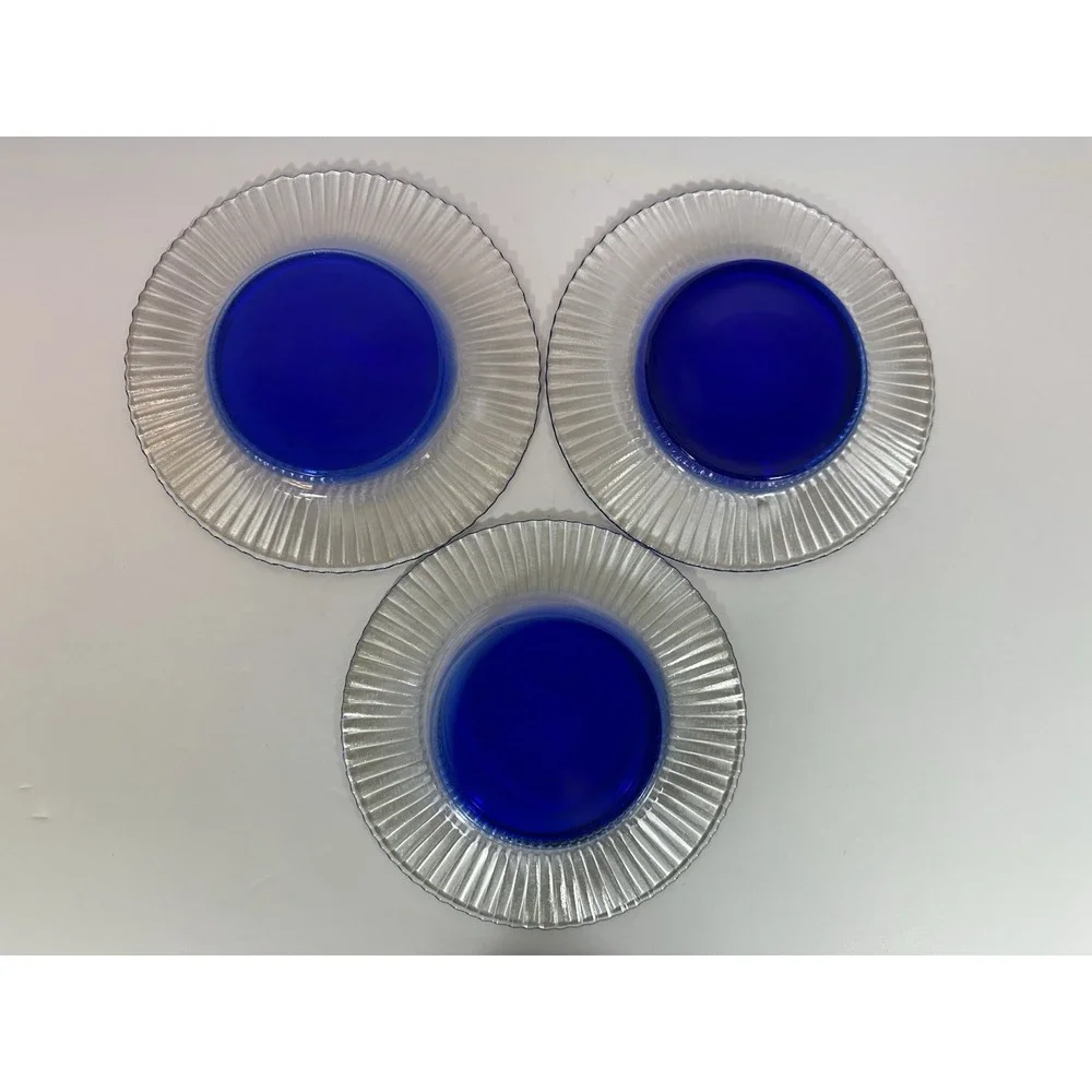 Pier 1 Salad Plates Glass Clear & Cobalt Blue Center Ribbed‎ 8.25
